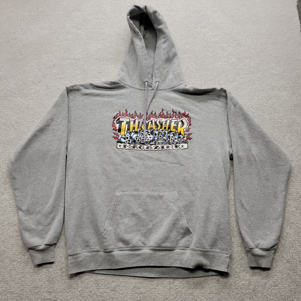 Thrasher Magazine Hoodie Mens Large Gray Flame Skull Graphic Skate Skateboard